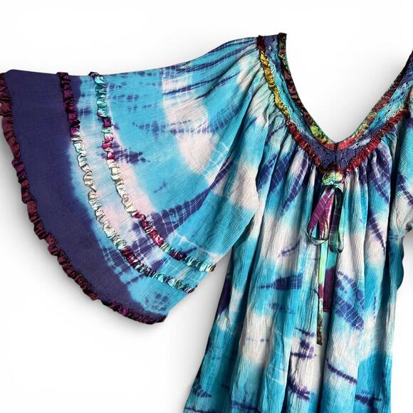 Tops - Bohemian Tie-Dye Peasant Tunic with Bell Sleeves